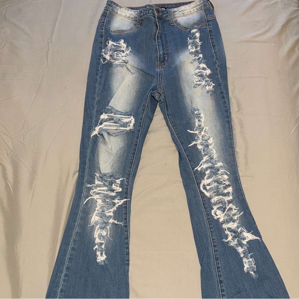 Fashion Nova Ripped Blue Flare Jeans